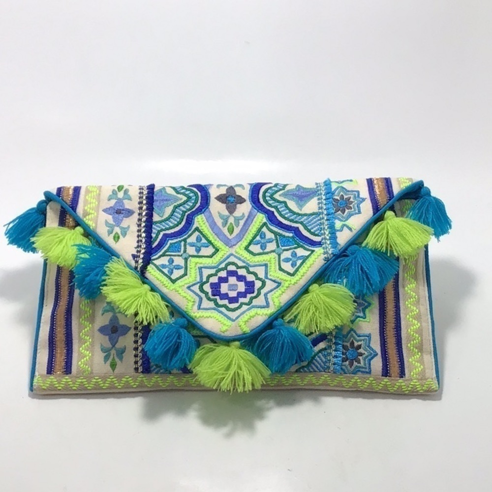 Boho Green Blue Arabesque Tassel Trim Crossbody
